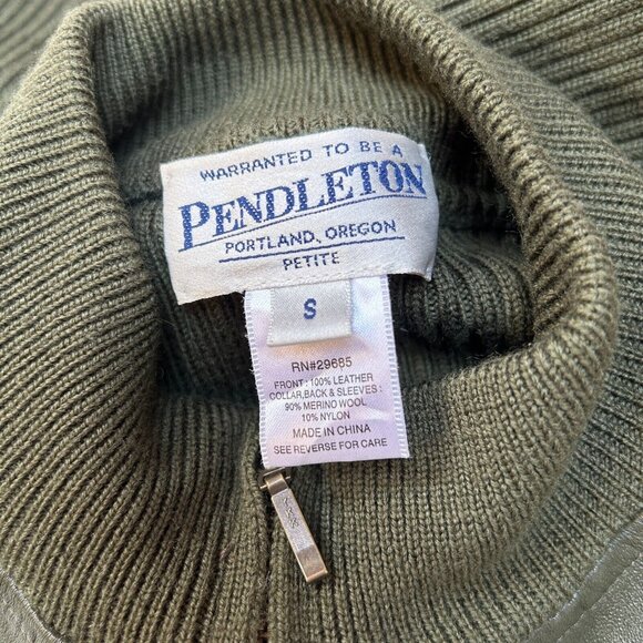 Pendleton Womens Small Merino Wool and Leather Front Sweater Jacket Green Zip Up - Picture 3 of 9